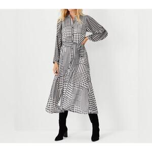 Ann Taylor NWT Midi Belted Shirt Dress Black & White Long Sleeve Women's LP